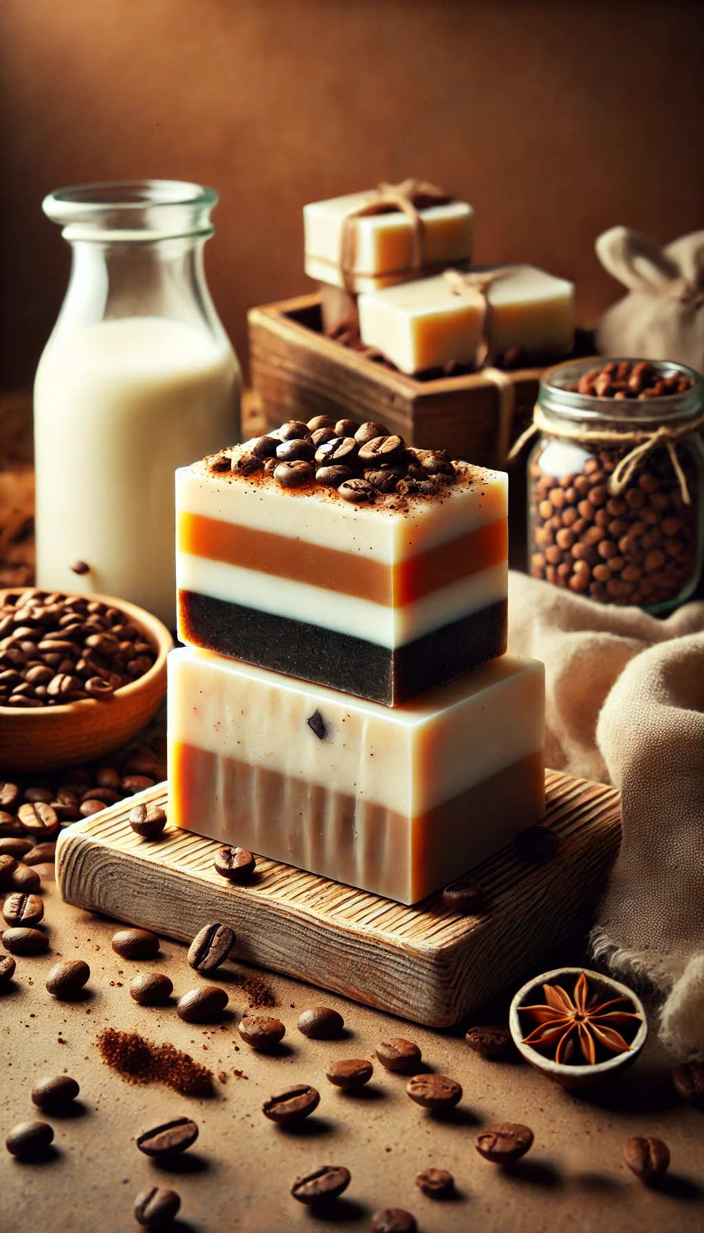 A beautiul image showcasing layered homemade coffee and goat's milk soap bars layers_