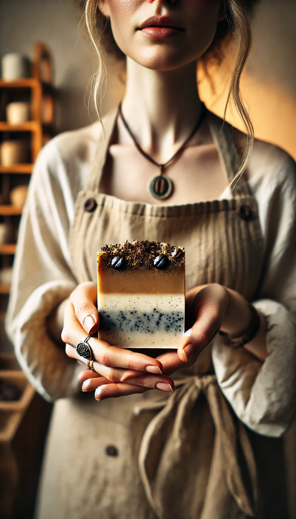 A portrait-style image of a person holding a beautifully styled bar of homemade coffee and goat's milk soap, showcasing visible coffee grounds for exf A portrait-style image of a person holding a beautifully styled bar of homemade coffee and goat's milk soap, showcasing visible coffee grounds for exf