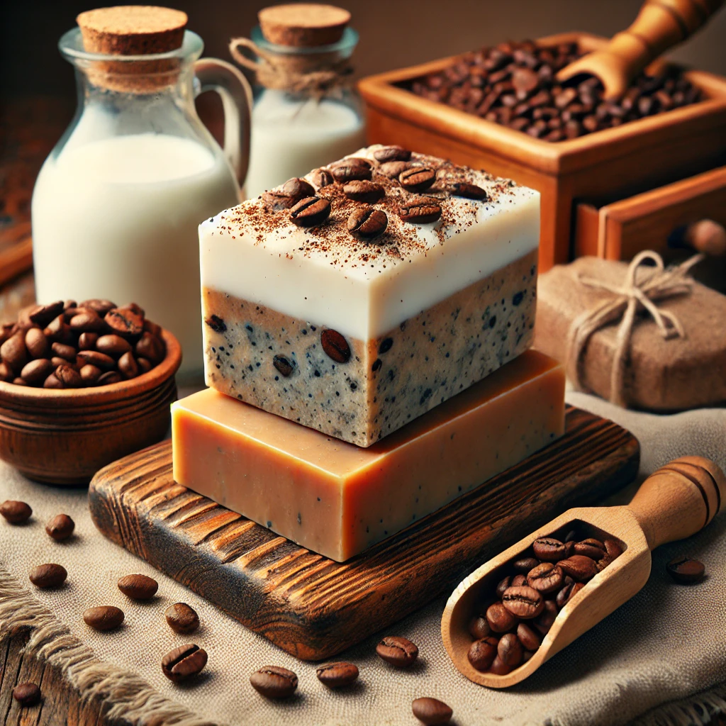 A single, beautifully styled image of homemade coffee and goat’s milk soap. The soap bars are neatly cut and arranged, showing visible coffee grounds A single, beautifully styled image of homemade coffee and goat's milk soap. The soap bars are neatly cut and arranged, showing visible coffee grounds